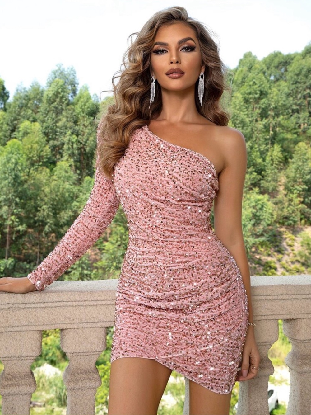One-Shoulder Pink Sequin Mini Dress